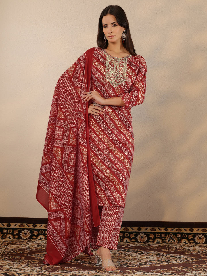 Red Printed Cotton Blend Straight Suit Set With Dupatta