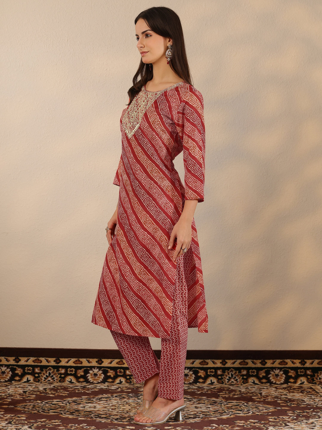 Red Printed Cotton Blend Straight Suit Set With Dupatta