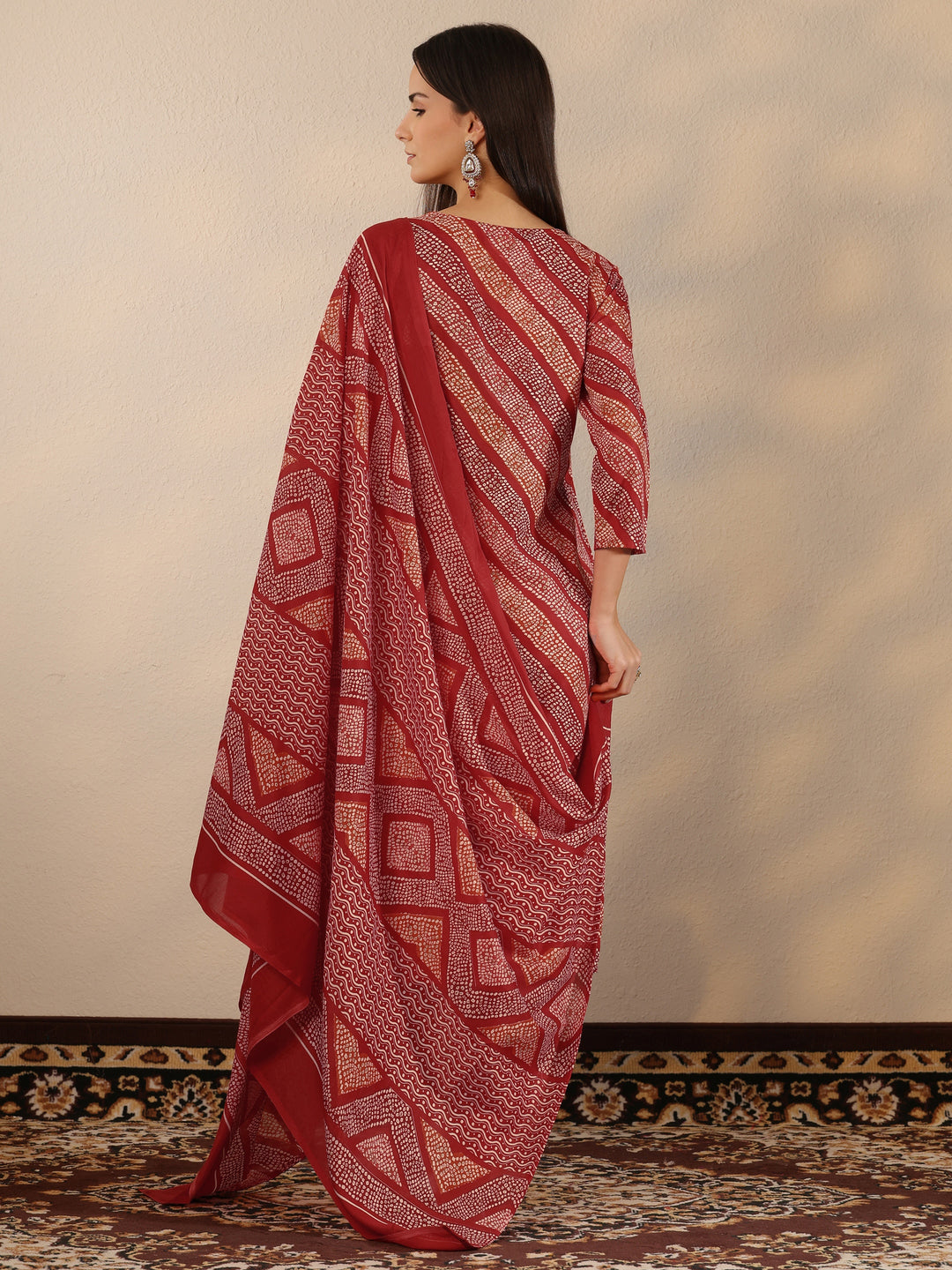 Red Printed Cotton Blend Straight Suit Set With Dupatta