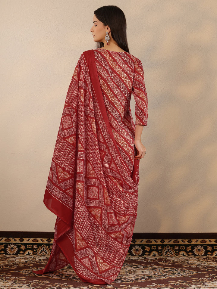 Red Printed Cotton Blend Straight Suit Set With Dupatta