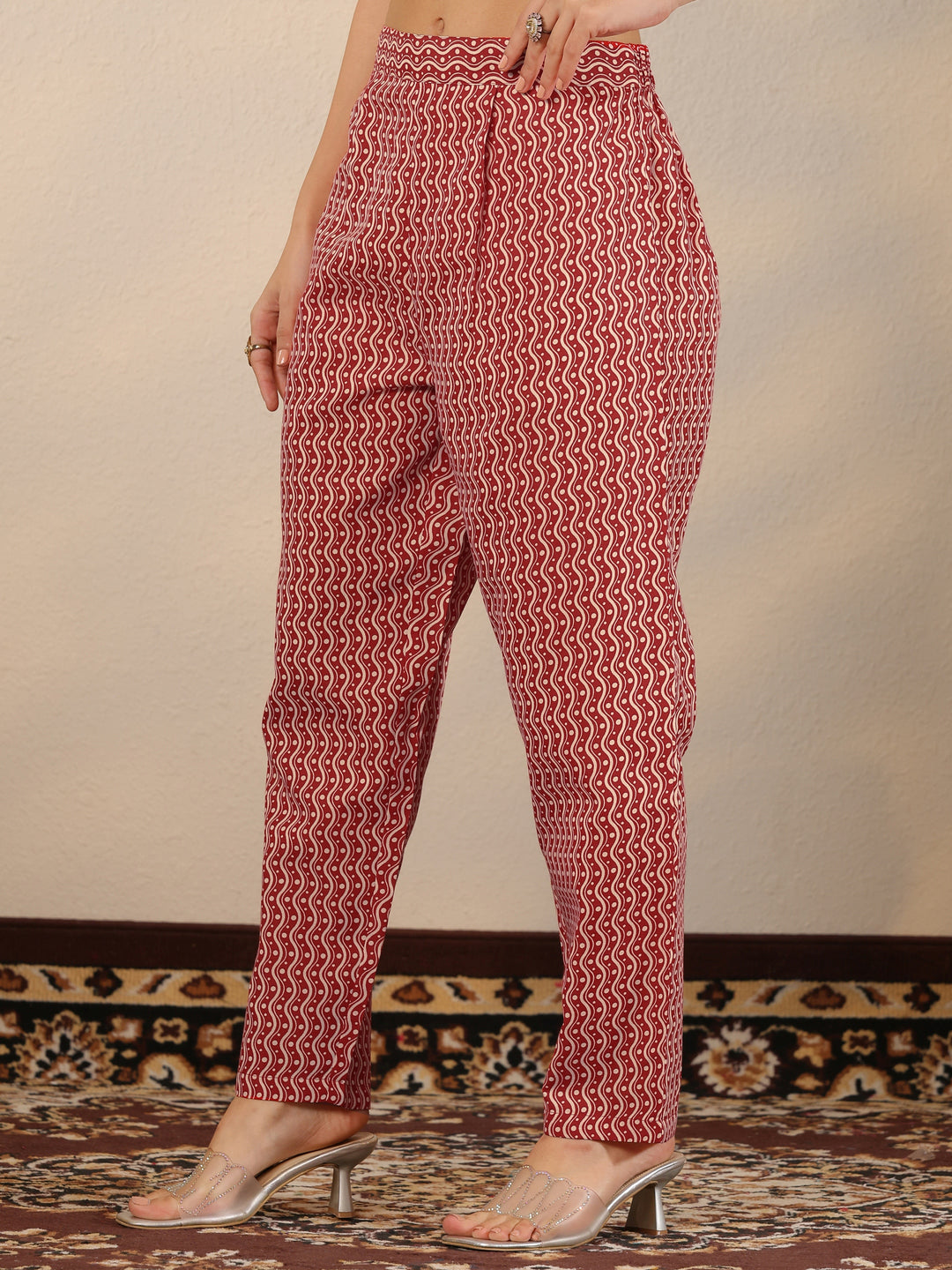 Red Printed Cotton Blend Straight Suit Set With Dupatta