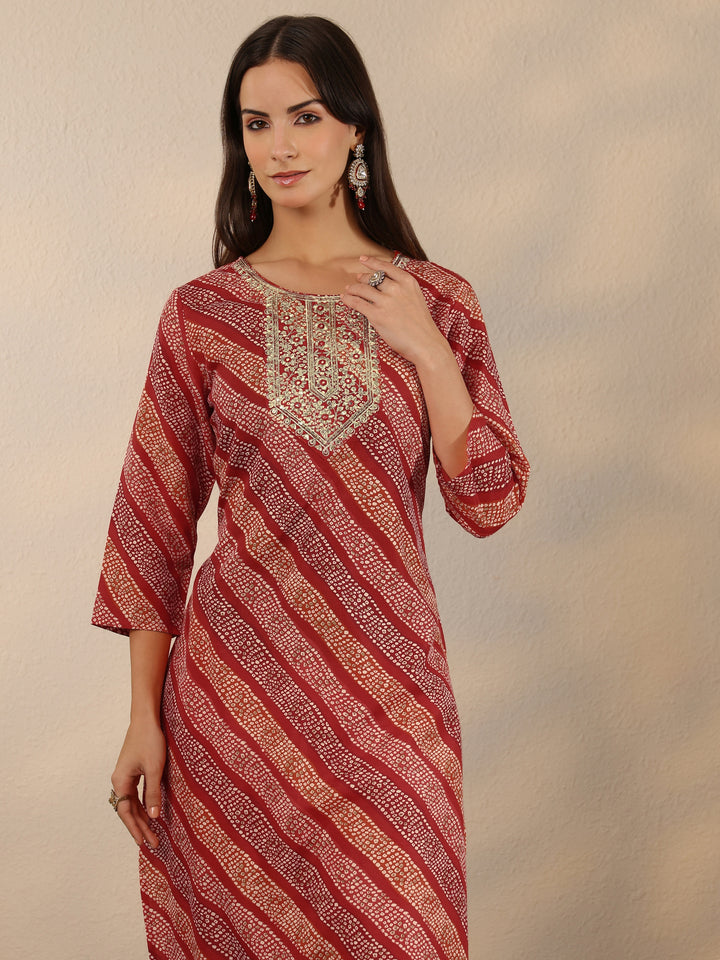 Red Printed Cotton Blend Straight Suit Set With Dupatta