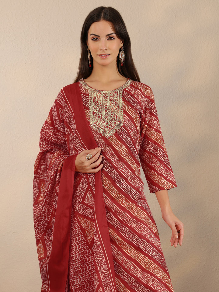 Red Printed Cotton Blend Straight Suit Set With Dupatta