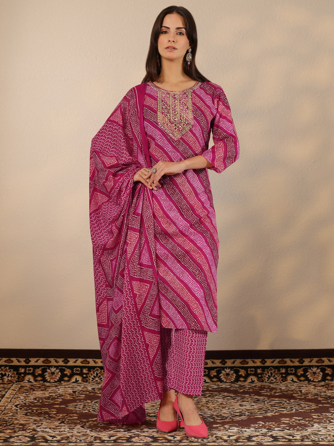 Pink Printed Cotton Blend Straight Suit Set With Dupatta