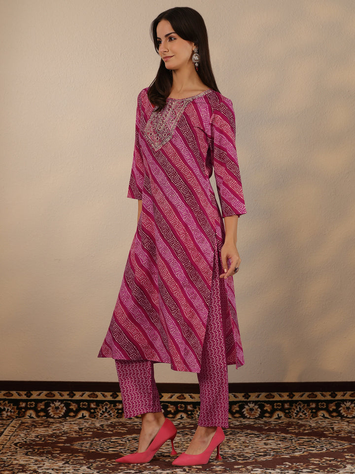 Pink Printed Cotton Blend Straight Suit Set With Dupatta