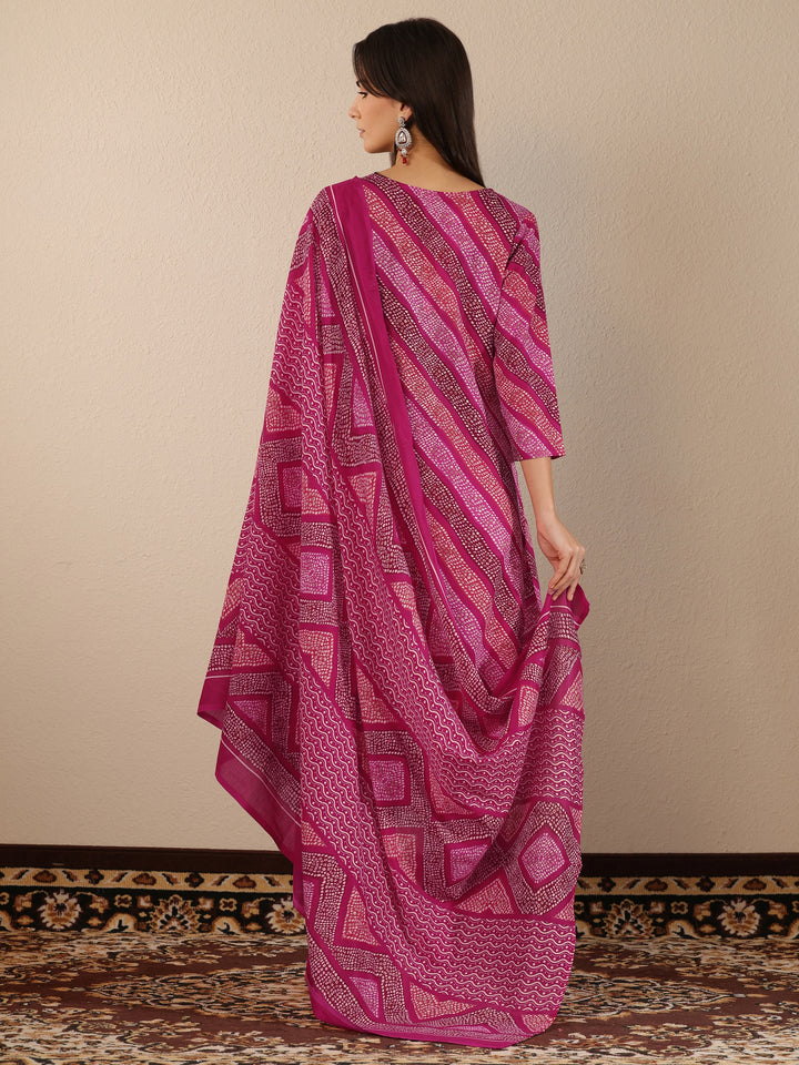 Pink Printed Cotton Blend Straight Suit Set With Dupatta