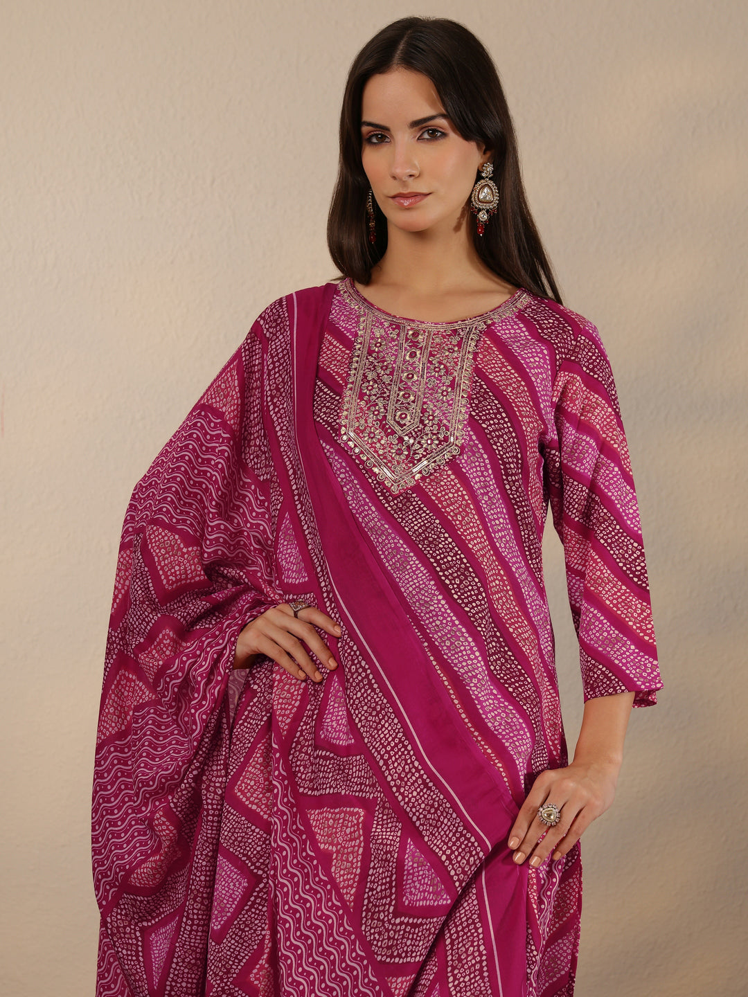 Pink Printed Cotton Blend Straight Suit Set With Dupatta