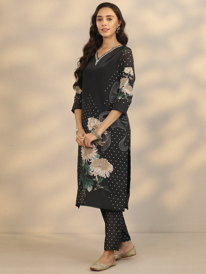 Black Printed Crepe Straight Suit Set With Dupatta