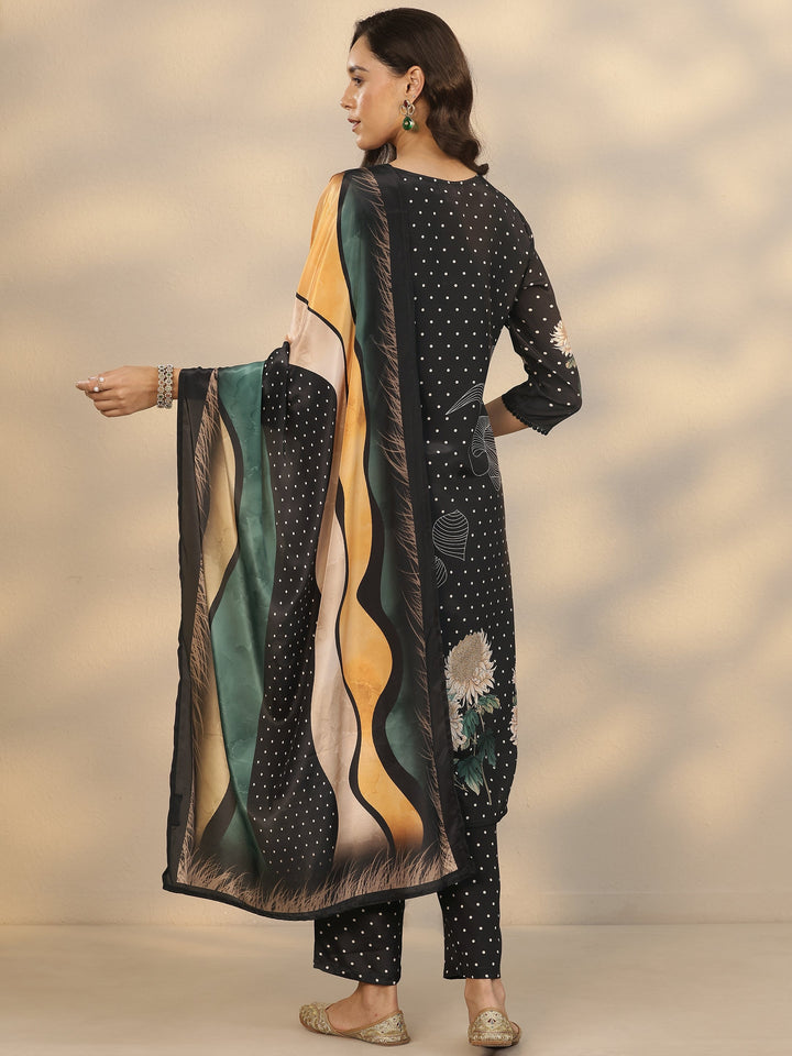 Black Printed Crepe Straight Suit Set With Dupatta