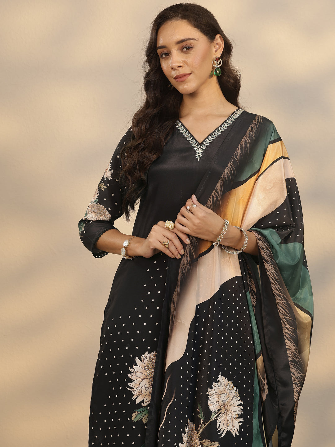 Black Printed Crepe Straight Suit Set With Dupatta