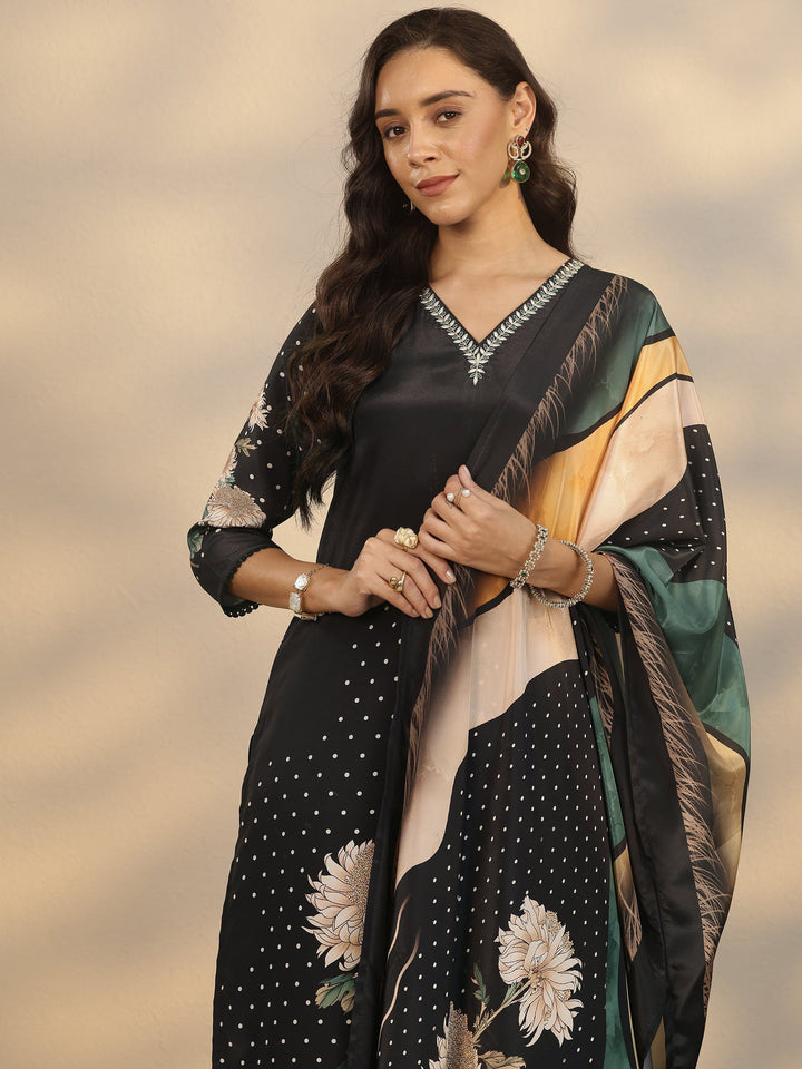 Black Printed Crepe Straight Suit Set With Dupatta