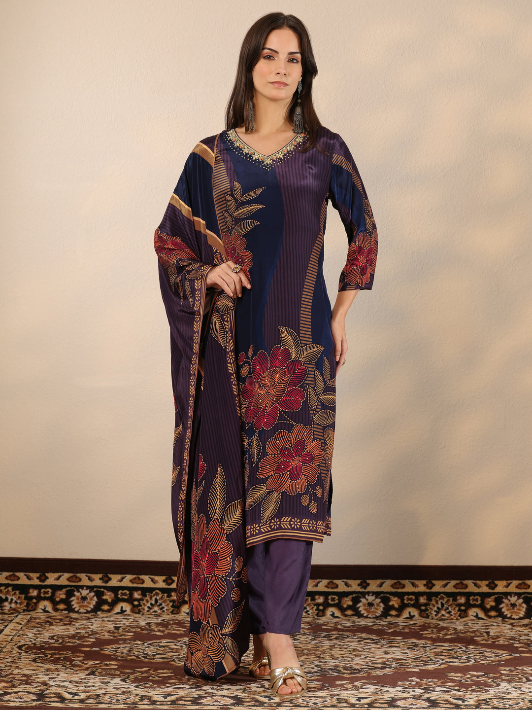 Blue Printed Crepe Straight Suit Set With Dupatta