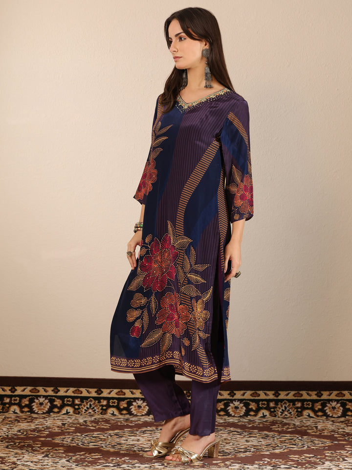 Blue Printed Crepe Straight Suit Set With Dupatta