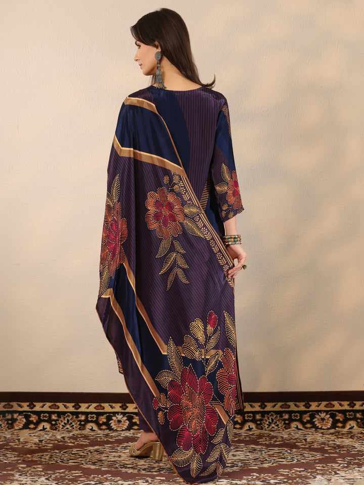 Blue Printed Crepe Straight Suit Set With Dupatta
