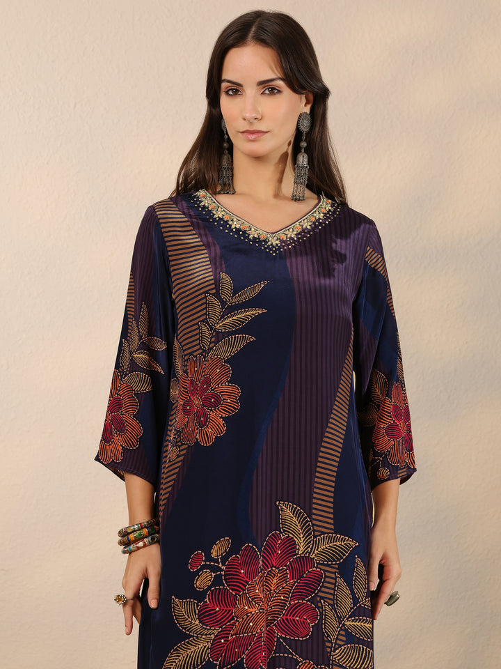 Blue Printed Crepe Straight Suit Set With Dupatta