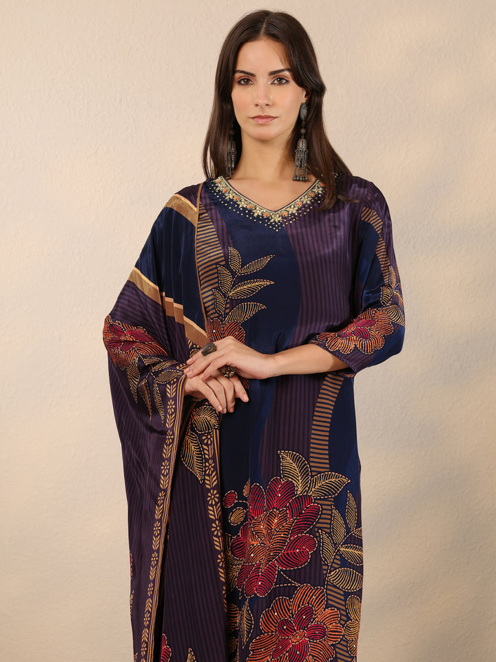 Blue Printed Crepe Straight Suit Set With Dupatta