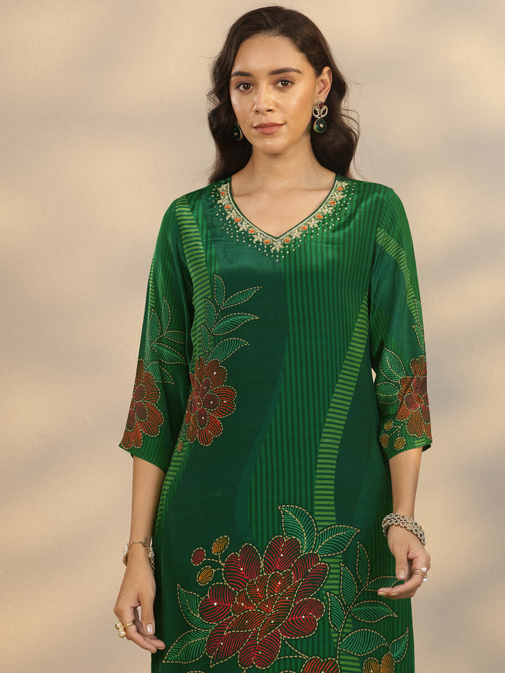Green Printed Crepe Straight Suit Set With Dupatta