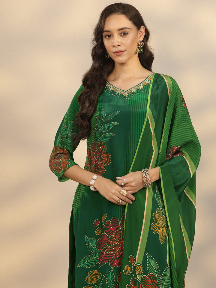 Green Printed Crepe Straight Suit Set With Dupatta