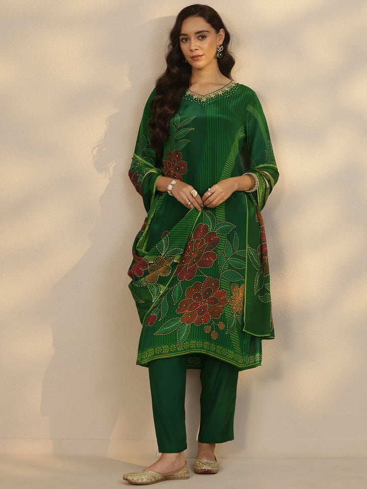 Green Printed Crepe Straight Suit Set With Dupatta