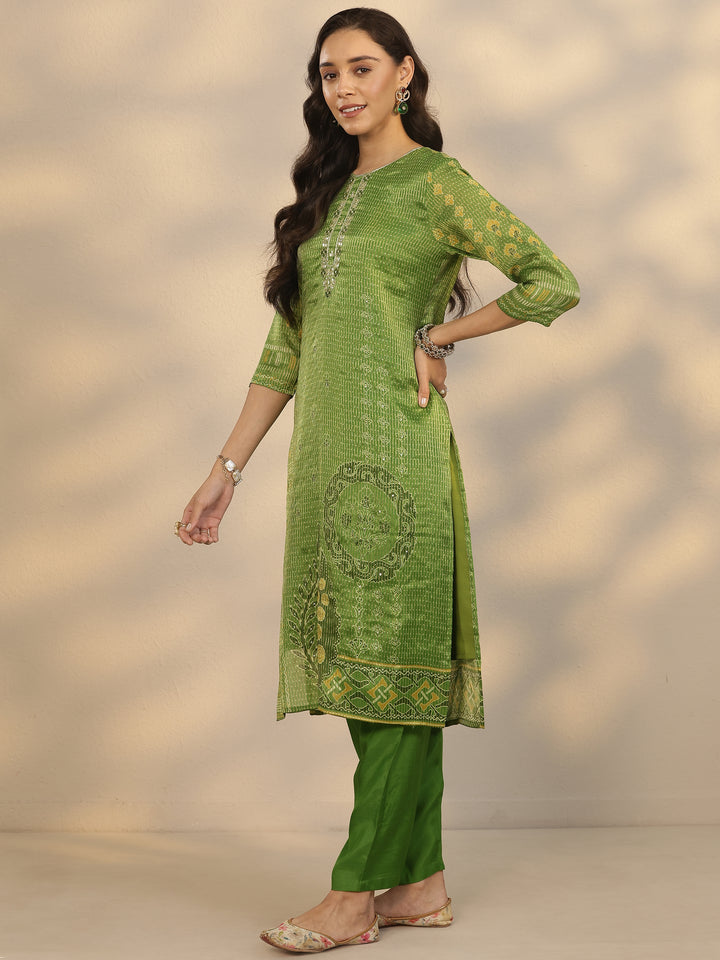 Green Printed Silk Blend Straight Suit Set With Dupatta