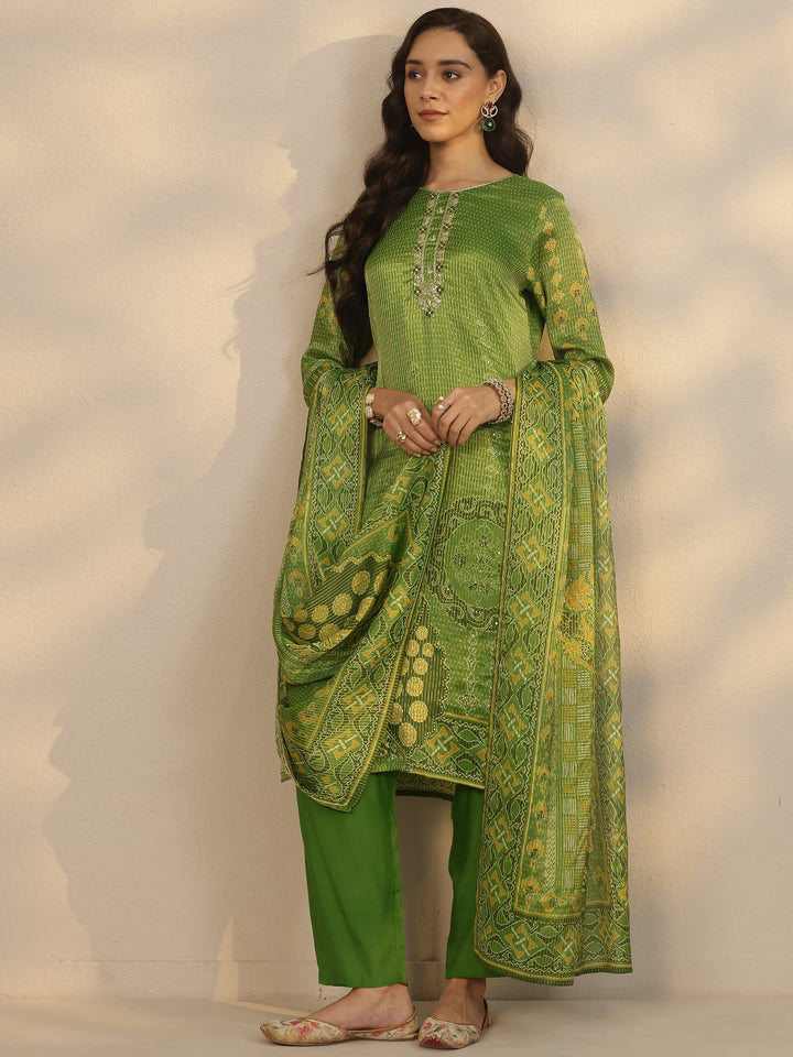 Green Printed Silk Blend Straight Suit Set With Dupatta