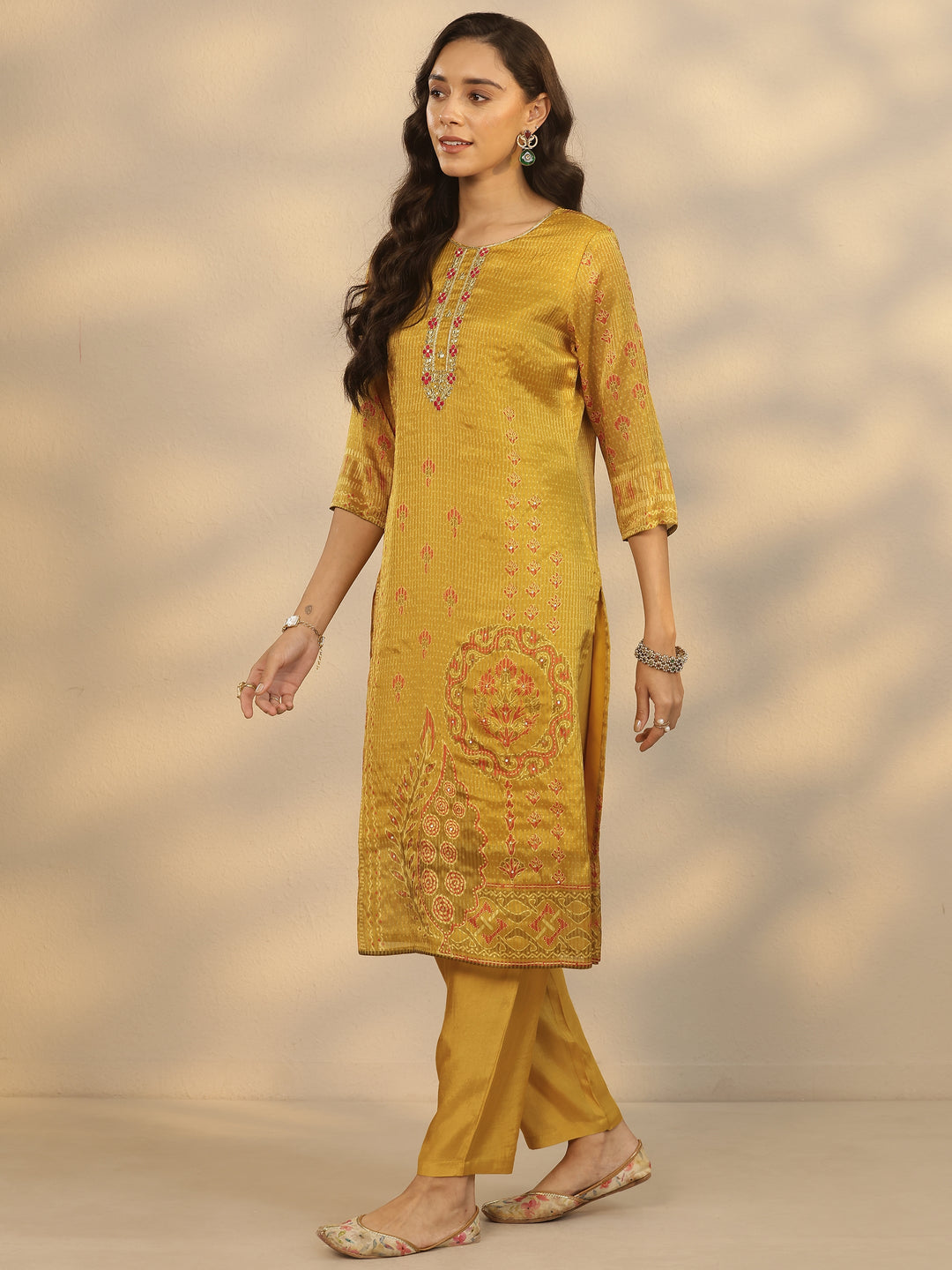 Mustard Printed Silk Blend Straight Suit Set With Dupatta