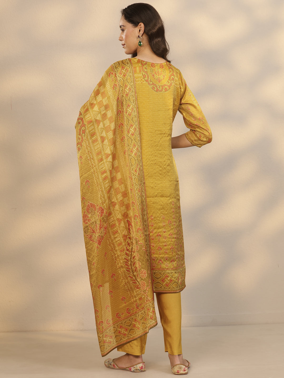 Mustard Printed Silk Blend Straight Suit Set With Dupatta