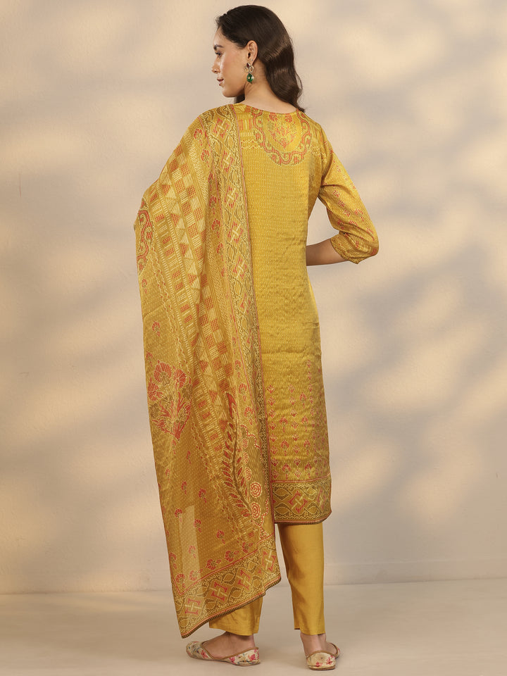 Mustard Printed Silk Blend Straight Suit Set With Dupatta