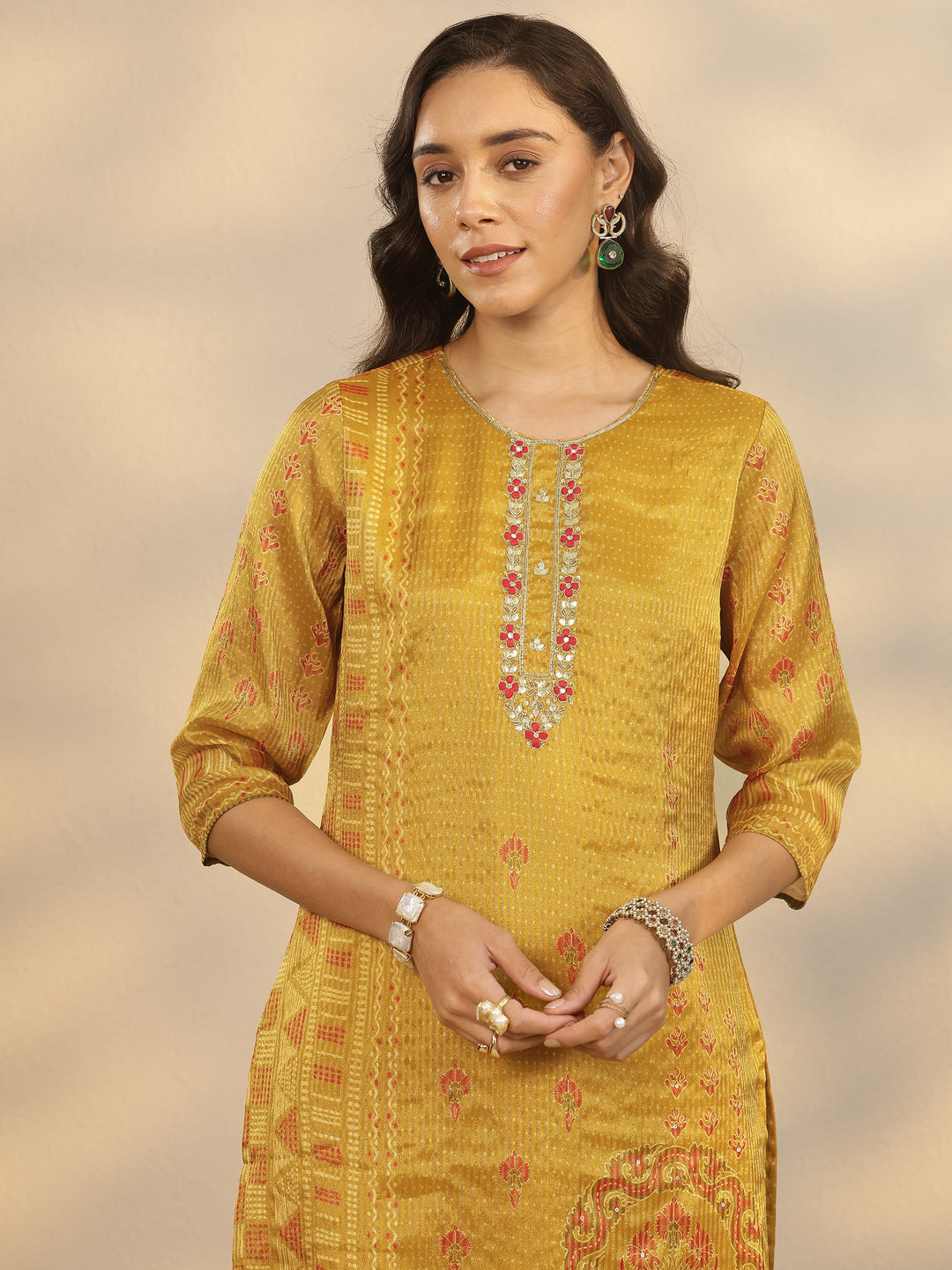 Mustard Printed Silk Blend Straight Suit Set With Dupatta