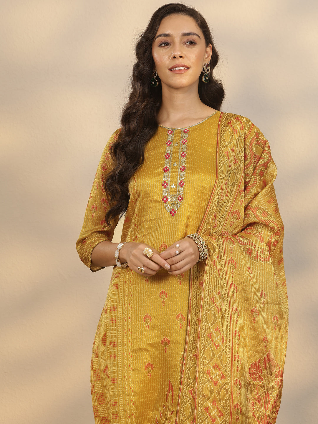Mustard Printed Silk Blend Straight Suit Set With Dupatta