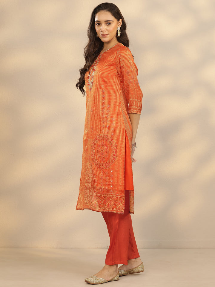 Orange Printed Silk Blend Straight Suit Set With Dupatta