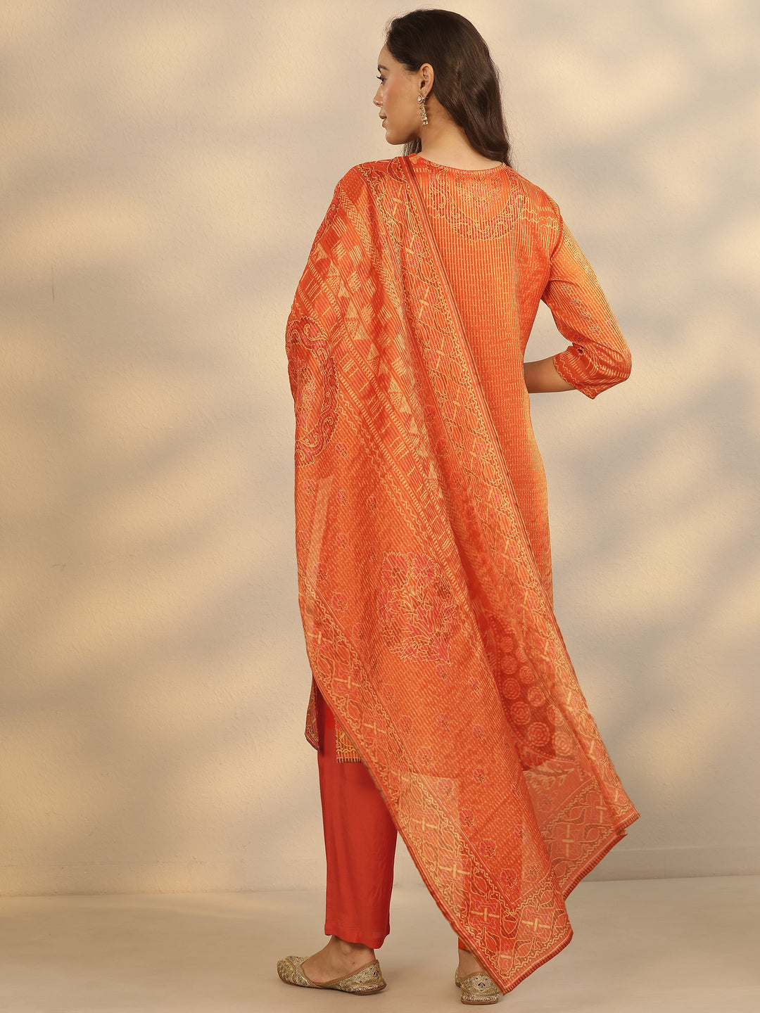 Orange Printed Silk Blend Straight Suit Set With Dupatta