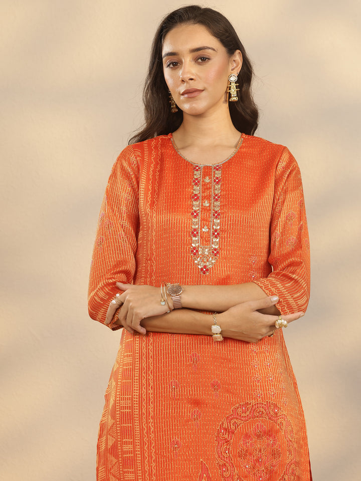 Orange Printed Silk Blend Straight Suit Set With Dupatta