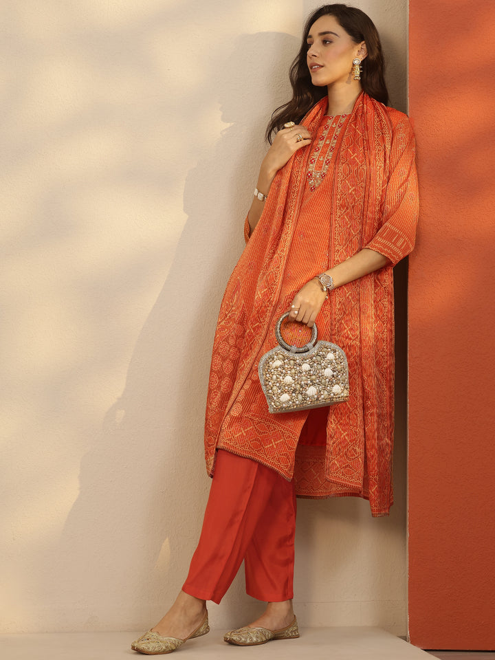 Orange Printed Silk Blend Straight Suit Set With Dupatta