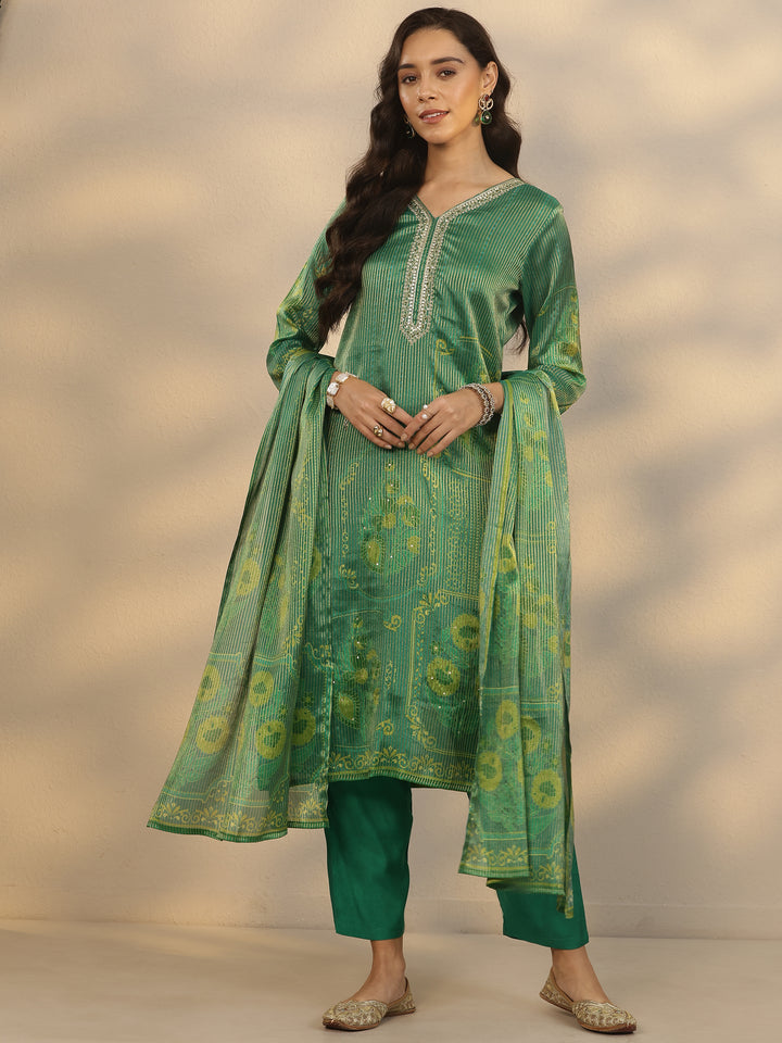 Green Printed Silk Blend Straight Suit Set With Dupatta