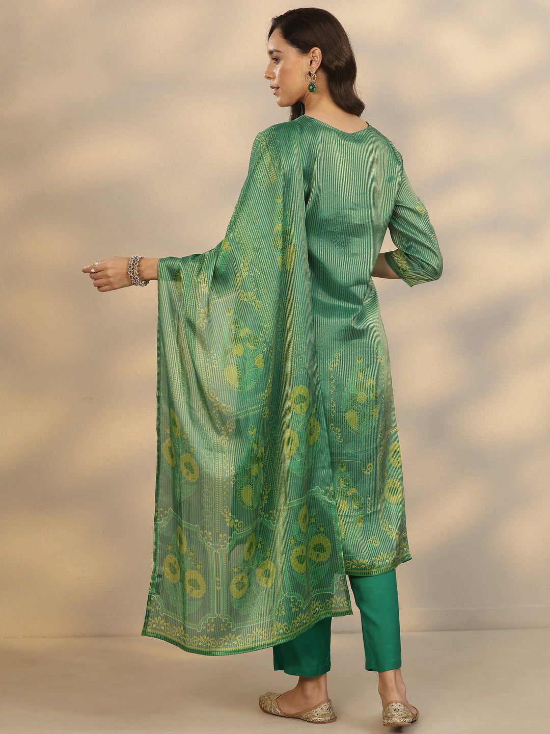 Green Printed Silk Blend Straight Suit Set With Dupatta