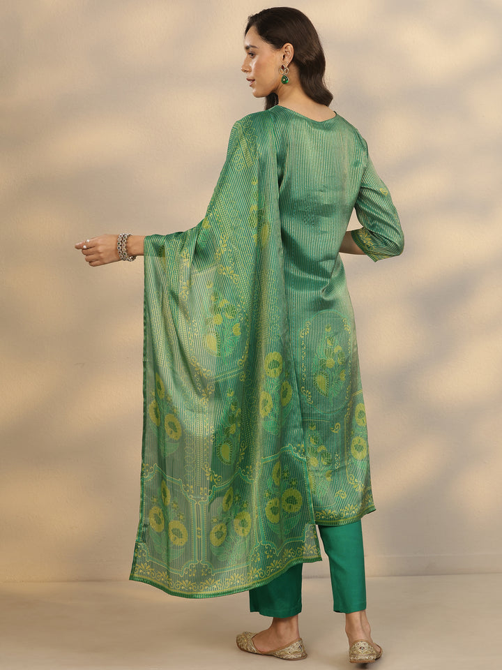 Green Printed Silk Blend Straight Suit Set With Dupatta