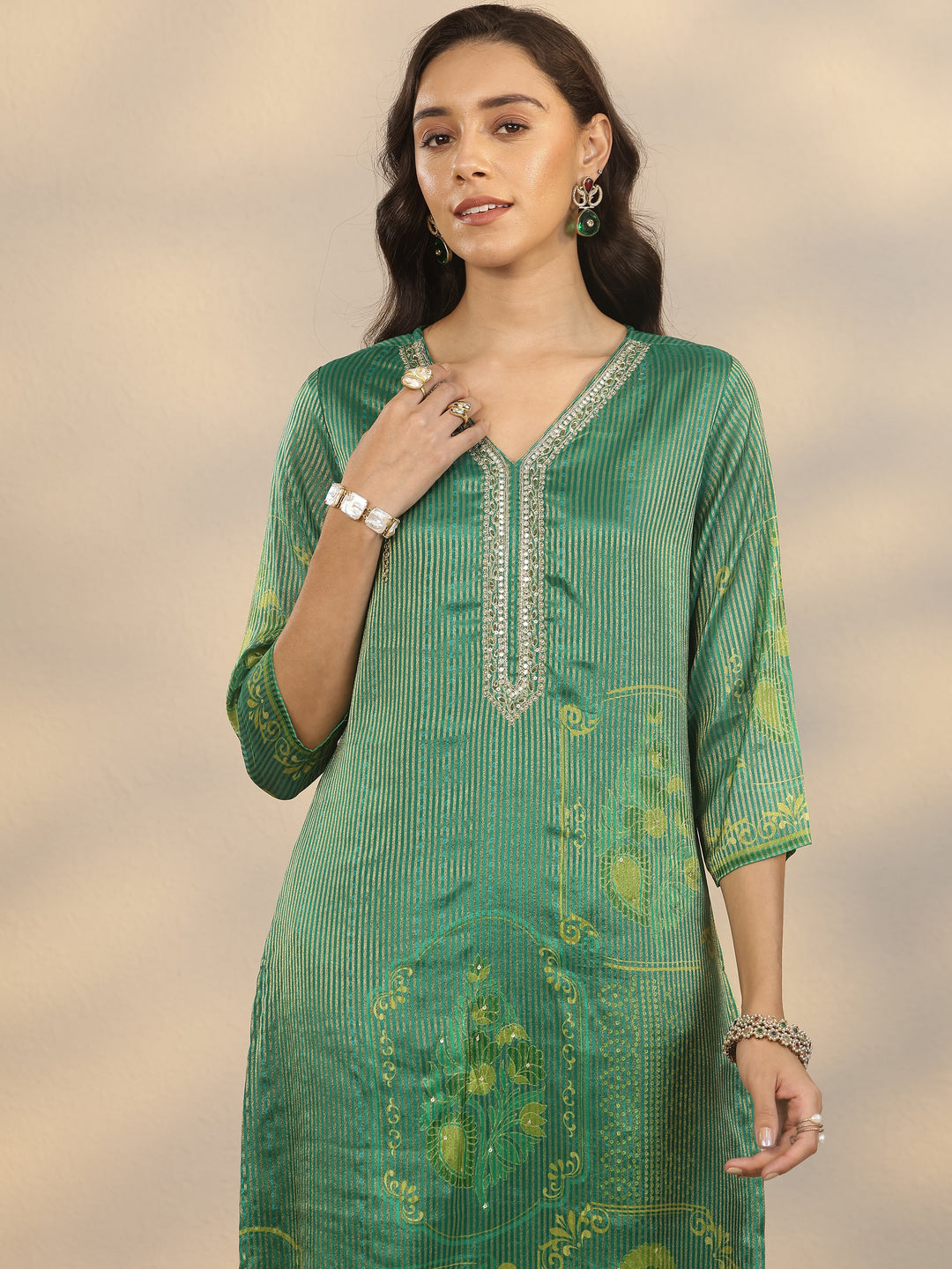 Green Printed Silk Blend Straight Suit Set With Dupatta
