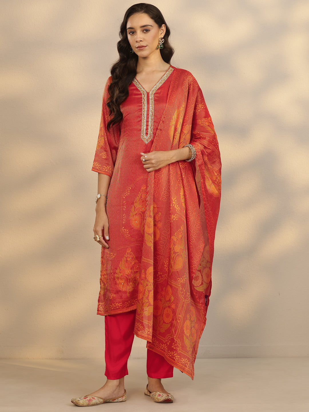 Orange Printed Silk Blend Straight Suit Set With Dupatta