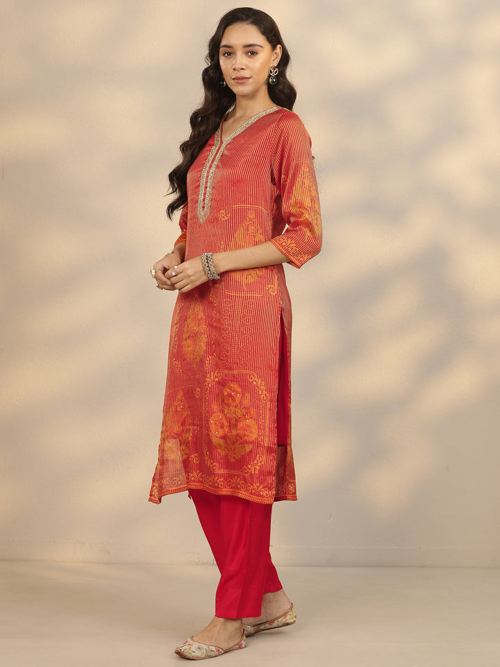 Orange Printed Silk Blend Straight Suit Set With Dupatta