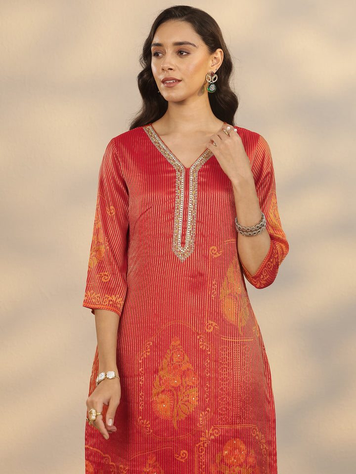 Orange Printed Silk Blend Straight Suit Set With Dupatta