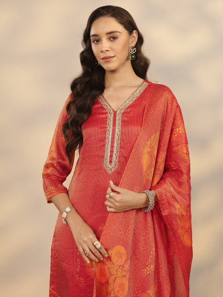 Orange Printed Silk Blend Straight Suit Set With Dupatta