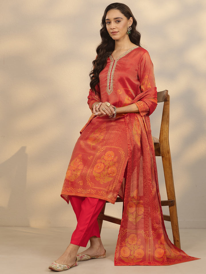 Orange Printed Silk Blend Straight Suit Set With Dupatta