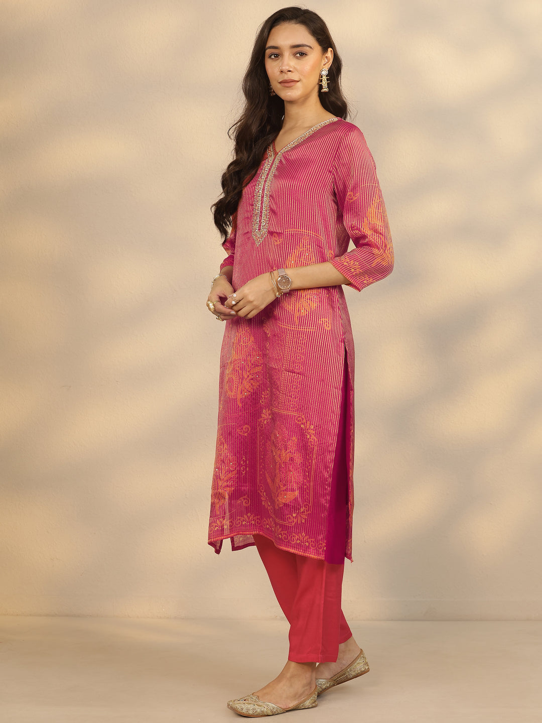 Pink Printed Silk Blend Straight Suit Set With Dupatta