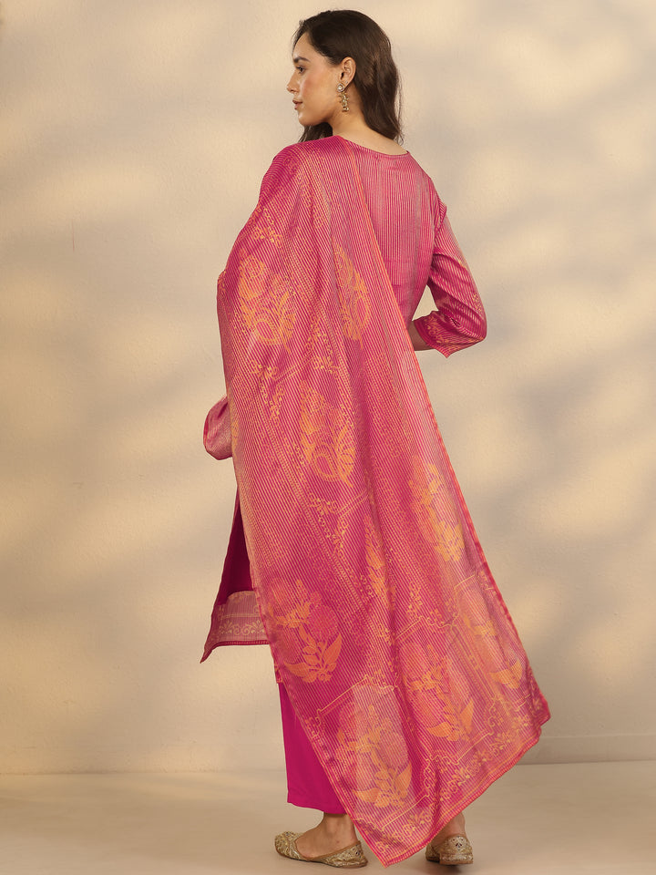 Pink Printed Silk Blend Straight Suit Set With Dupatta