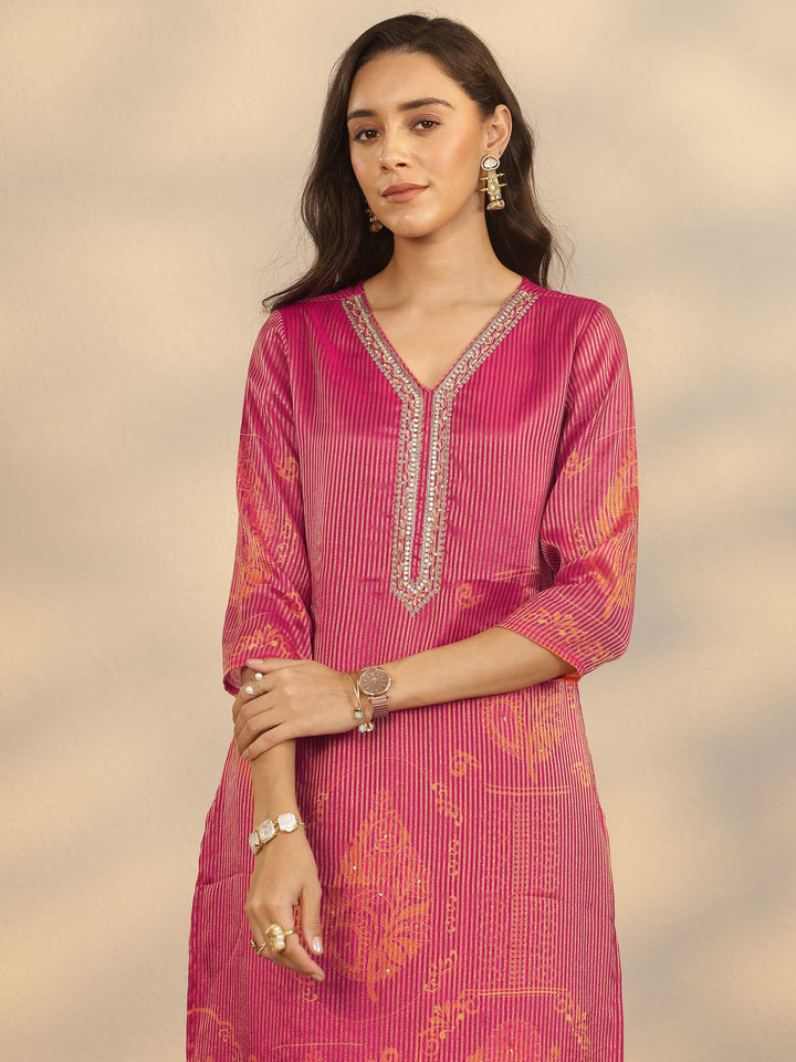Pink Printed Silk Blend Straight Suit Set With Dupatta