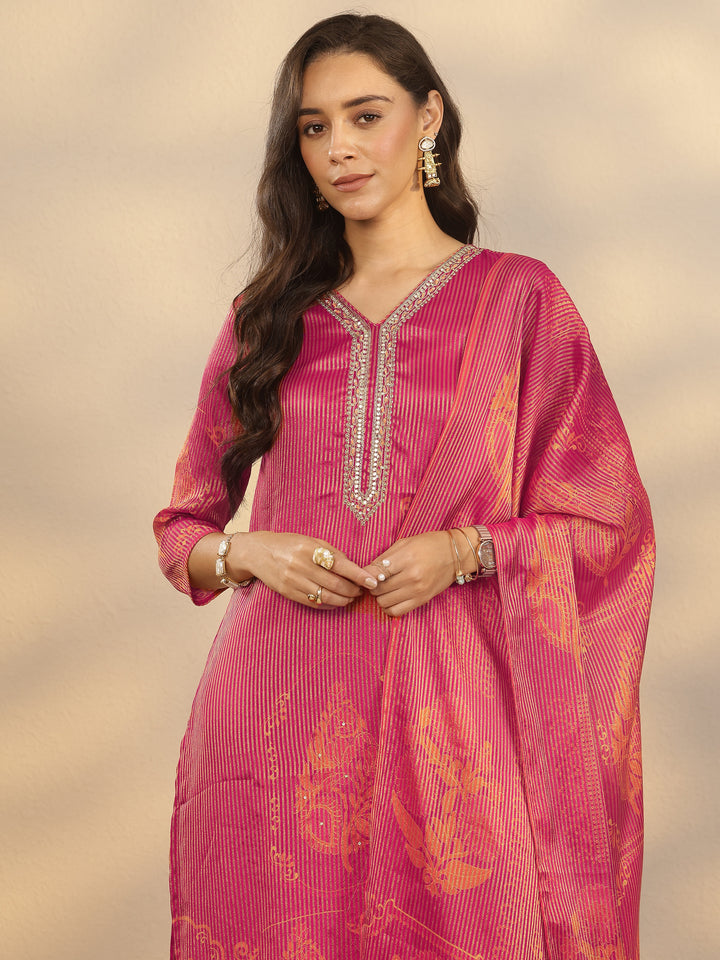 Pink Printed Silk Blend Straight Suit Set With Dupatta
