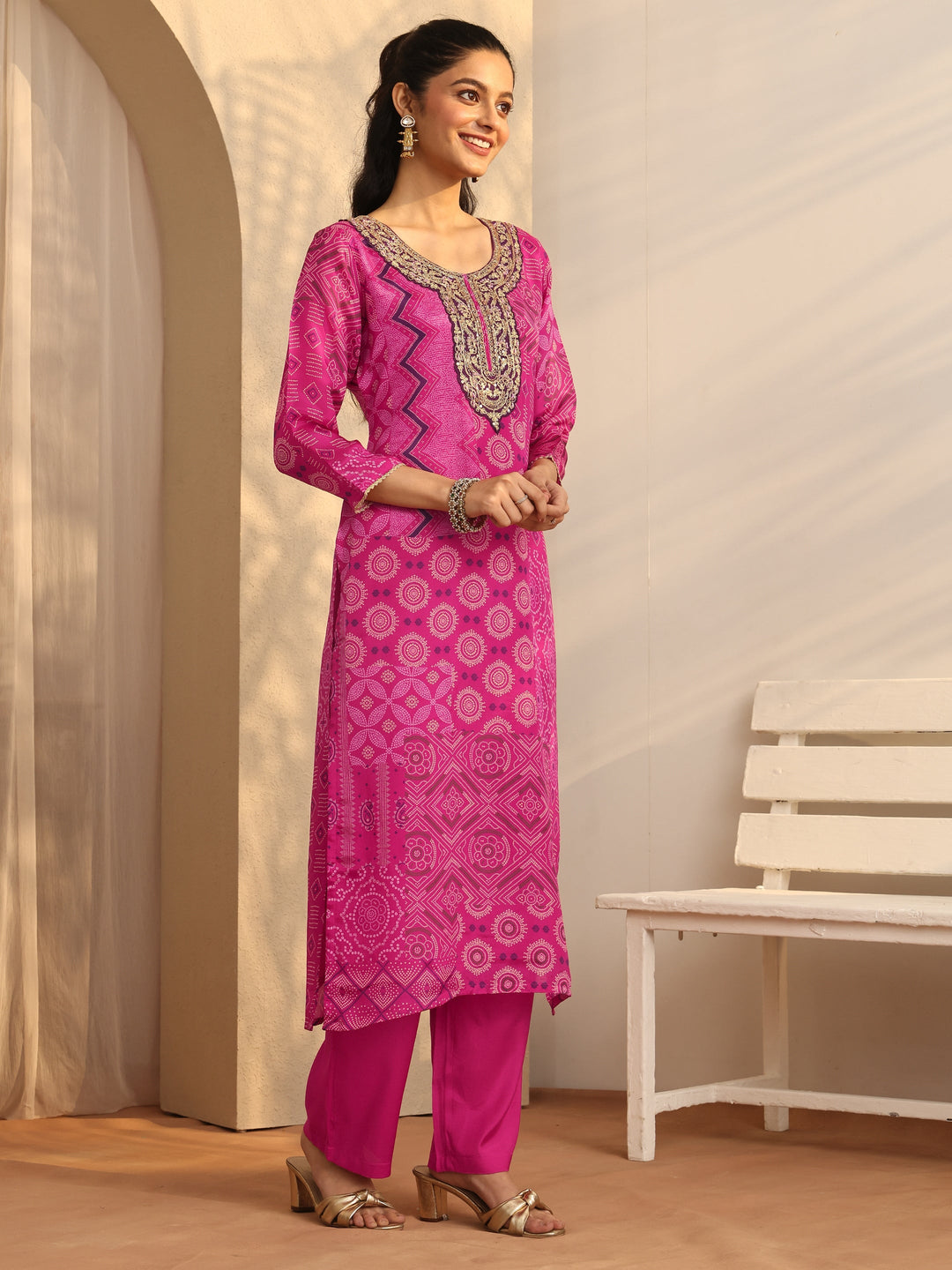 Magenta Bandhani Printed Organza Suit Set With Dupatta