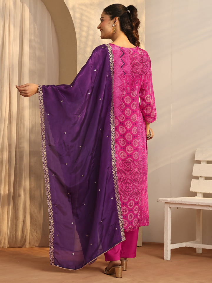 Magenta Bandhani Printed Organza Suit Set With Dupatta