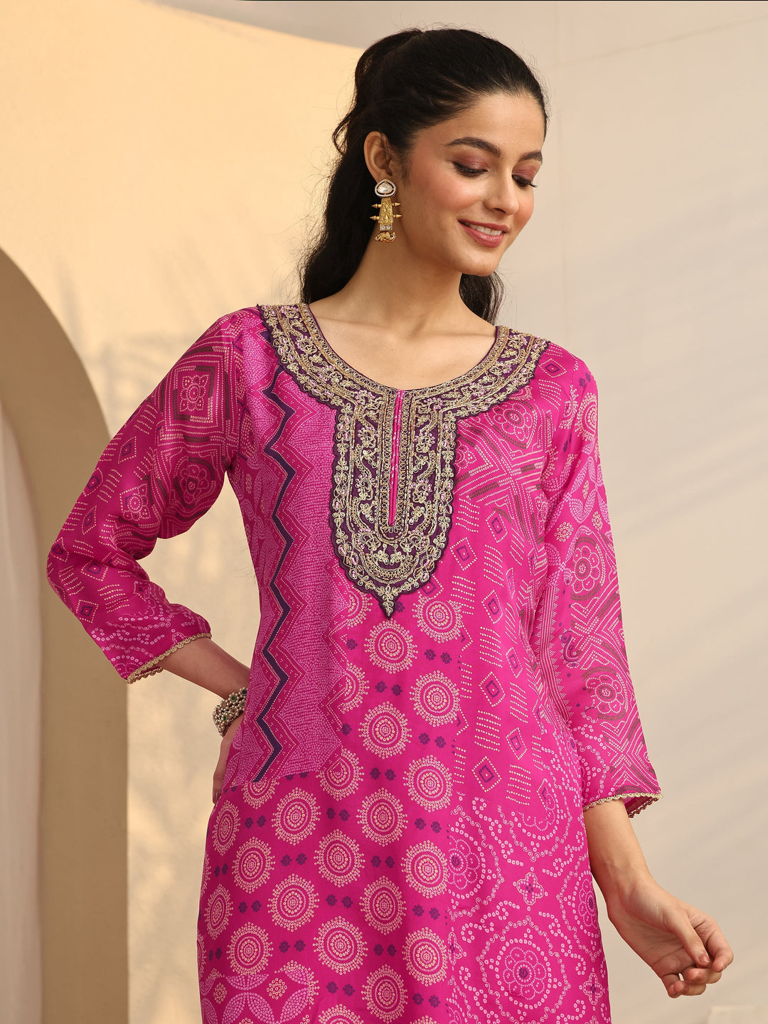 Magenta Bandhani Printed Organza Suit Set With Dupatta